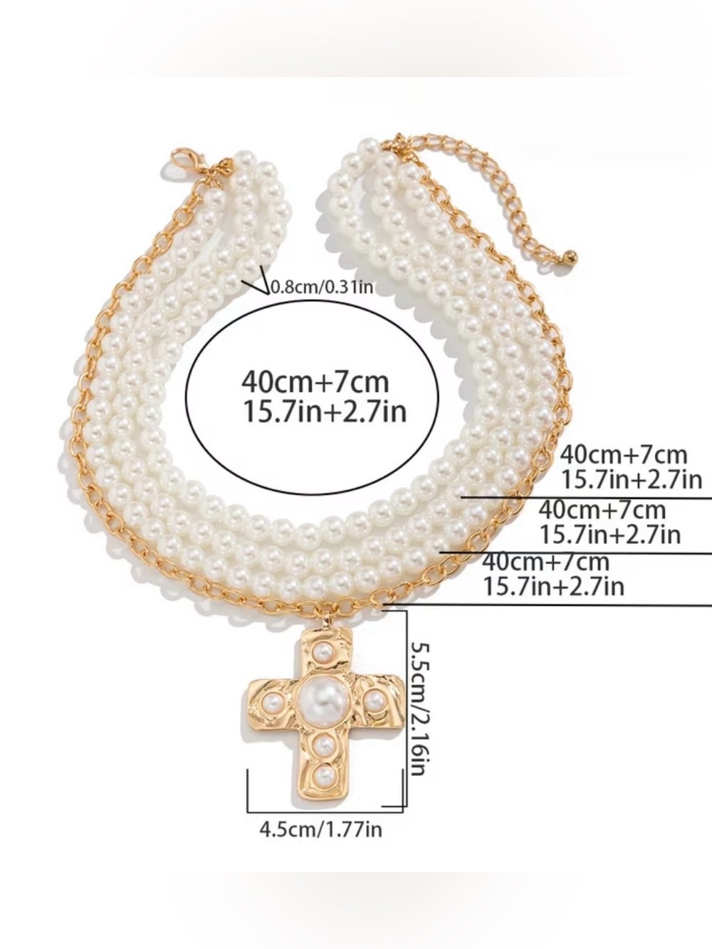 NEW! Elegant White Pearl Layered Necklace with Gold Cross Pendant A9-289 - Picture 3 of 3